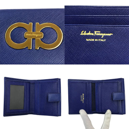 Salvatore Ferragamo フェラガモ 財布 レディース 二つ折り ダブルホック レザー ガンチーニ コンパクトウォレット ゴールド金具 ブルー 中古 T1