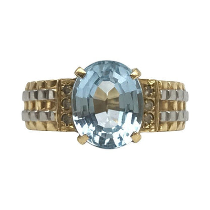 K18/Pt900 リング レディース ベルトデザイン 水色石 メレダイヤ イエローゴールド 12号 中古 T1