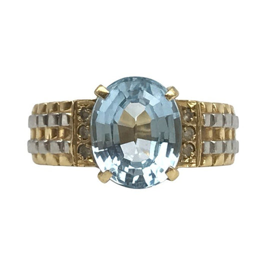 K18/Pt900 リング レディース ベルトデザイン 水色石 メレダイヤ イエローゴールド 12号 中古 T1