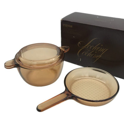 VISION 耐熱ガラス 18cm 両手鍋 フライパン セット 蓋付き パイレックス パイロセラム 直火/レンジ 中古 T1