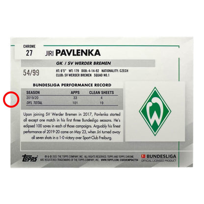 TOPPS サッカーカード CHROME JIRI PAVLENKA WERDER BREMEN /99 #27 中古 IT2