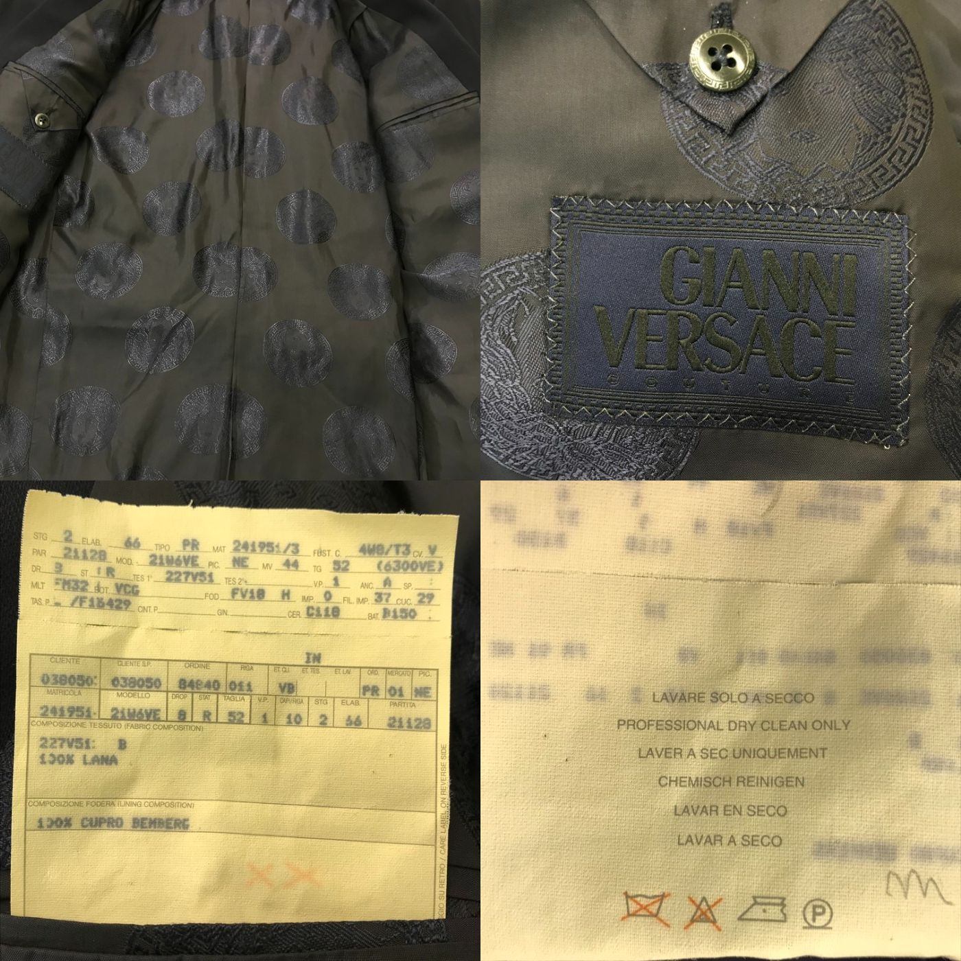 GIANNI VERSACE ヴェルサーチ ジャケット/パンツ スーツ上下セット メンズ 春秋 ダブルブレスト 4釦 4つボタン 無地 ツータック ブラック 52サイズ 中古 T1