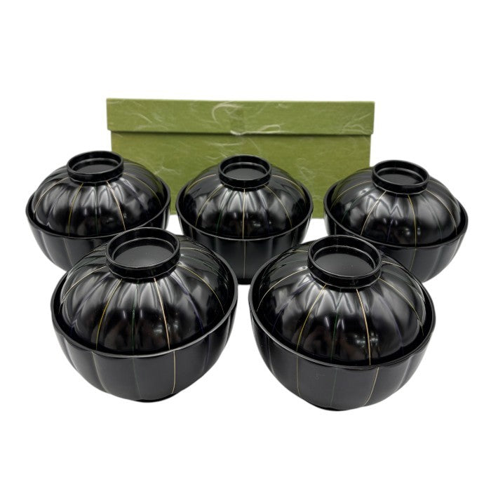未使用品 表完堂 菊割吸物椀 黒 5客 和食器 汁椀 蓋付 セット 中古 W４