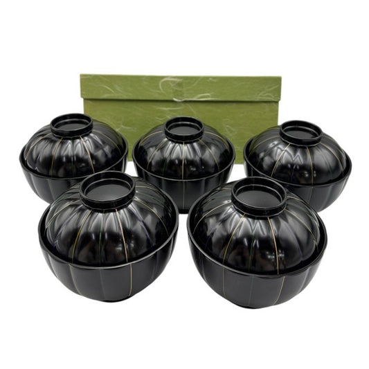 未使用品 表完堂 菊割吸物椀 黒 5客 和食器 汁椀 蓋付 セット 中古 W４