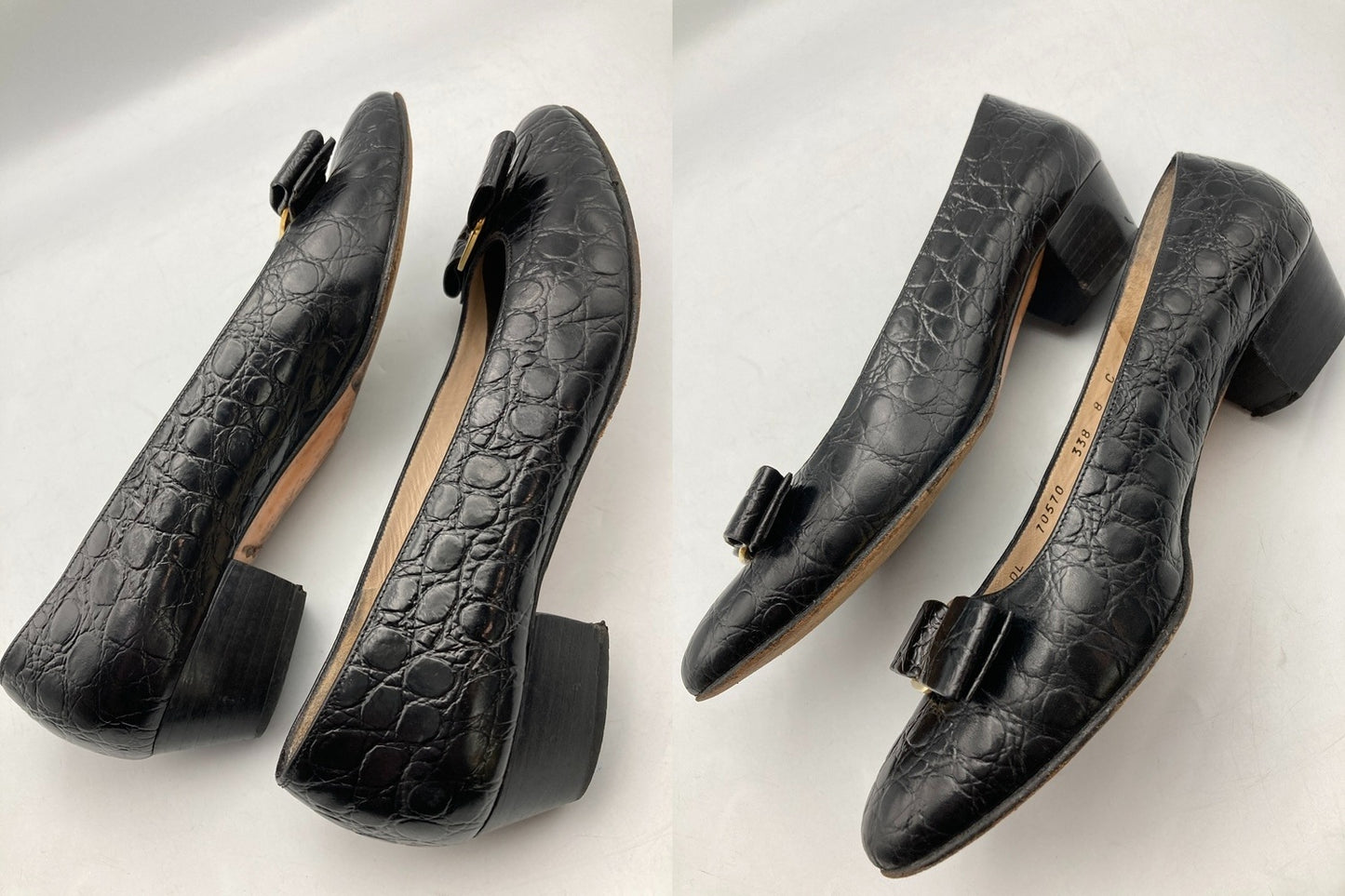 Salvatore Ferragamo サルヴァトーレフェラガモ ヴァラリボン 型押しレザー パンプス サイズ8(約25.5cm) 中古 D4