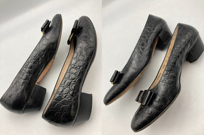 Salvatore Ferragamo サルヴァトーレフェラガモ ヴァラリボン 型押しレザー パンプス サイズ8(約25.5cm) 中古 D4