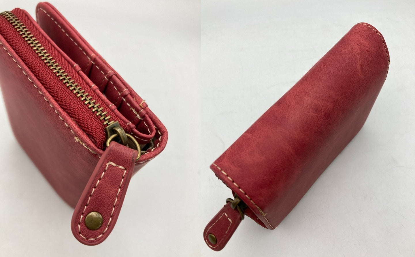 SNOOPY スヌーピー 2つ折り財布 コンパクト ラウンドファスナー 刺繍 レッド 中古 D4