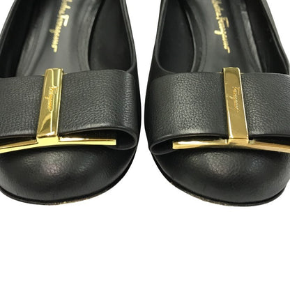 Salvatore Ferragamo フェラガモ CAPUA55 パンプス レディース レザー 変形 太ヒール ブラック 5Dサイズ 中古 T1