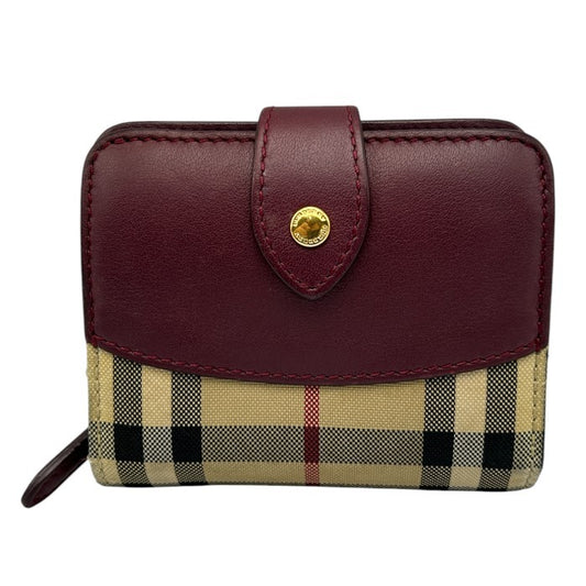 BURBERRY バーバリー ノバチェック 二つ折り 財布 ボルドー コンパクト レザー キャンバス レディース 小銭入れ 中古 W４