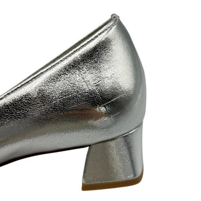 LETALON ルタロン スクエアVカット 4cm パンプス 24.5cm シルバー 靴 シューズ レディース ヒール 中古 W４