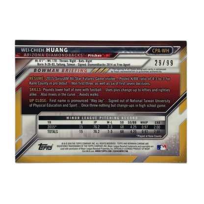 TOPPS MLBカード BOWMAN CHROME 1ST WEI-CHIEH HUANG ARIZONA DIAMONDBACKS /99 #CPA-WH 中古 IT2