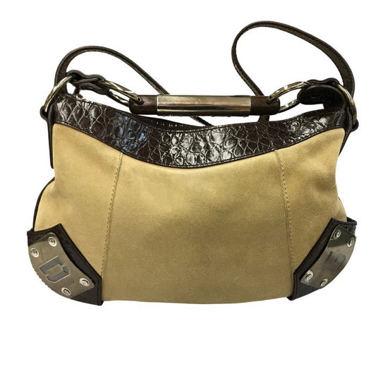 DOLCE&GABBANA ドルチェ&ガッバーナ ショルダーバッグ レディース スウェードレザー 型押し ロゴプレート 内総柄 2way ハンドバッグ ベージュ/ブラウン 中古 T1
