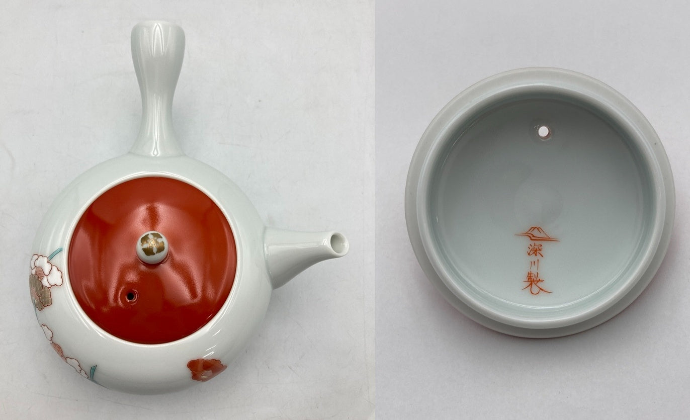 深川製磁 紅白花結び 急須茶器 中古 D4