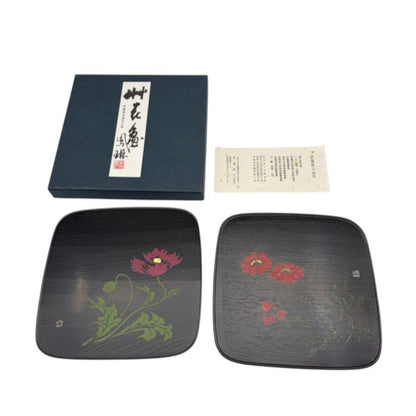 木製漆器 伊藤裕司 花文角盆 2客 和食器 花柄 和 おしゃれ 中古 W1