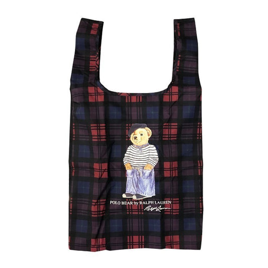 POLO RALPH LAUREN ラルフローレン トートバッグ レディース チェック柄 撥水/防水 ベルト付き エコバッグ ポロベア ネイビー/レッド 中古 T1