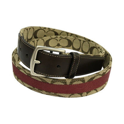 COACH コーチ シグネチャー ベルト メンズ レザー ピン式 大きいサイズ ベージュ/レッド系 105cm 90006 中古 T1