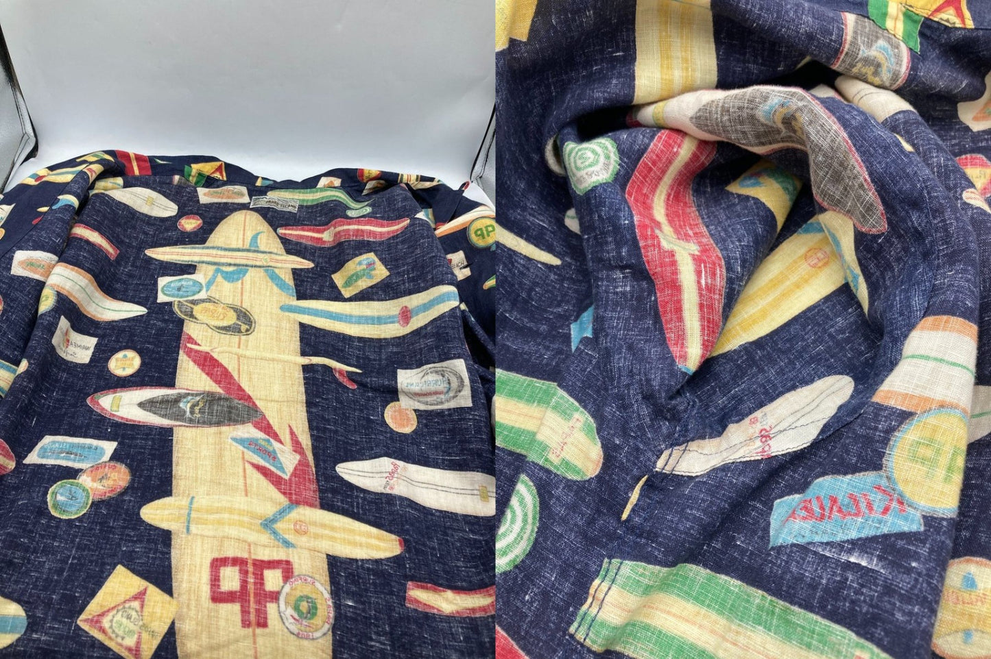 PAPAS ISLAND パパス 麻100% 半袖シャツ サーフ柄 中古 D4