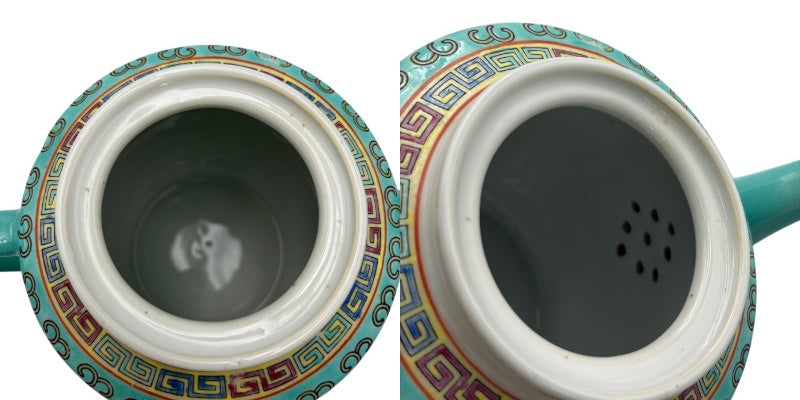 中国 景徳鎮 萬壽無疆 茶器セット 中国茶器 カップ ポット 茶盤 ターコイズ おしゃれ インテリア 中古 W４