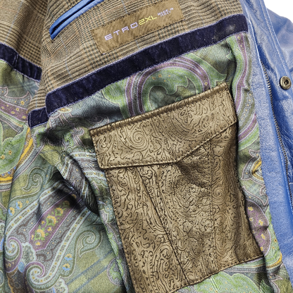 ETRO エトロ ブルゾン メンズ 冬 ラムレザー ジャケット 羊革 裏地ペイズリー 中わた 襟ボア ブルー 2XLサイズ 122-12454-9691 中古 T1