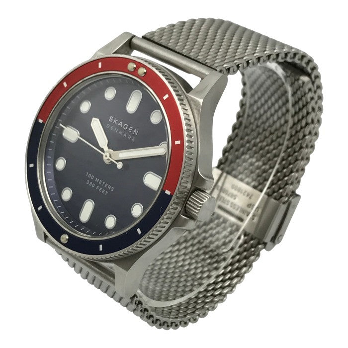 SKAGEN スカーゲン FISK 腕時計 メンズ アナログ クォーツ フィスク SS 回転ベゼル ネイビー/レッド/シルバー SKW6668 中古 T1