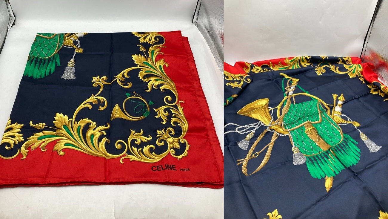 CELINE セリーヌ バッグ柄 スカーフ シルク100％ 中古 D4