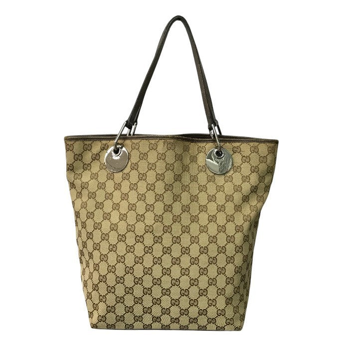 GUCCI グッチ GGキャンバス トートバッグ レディース キャンバス/レザー カジュアル 通勤 A4収納 カーキ/ブラウン 120836 中古 T1