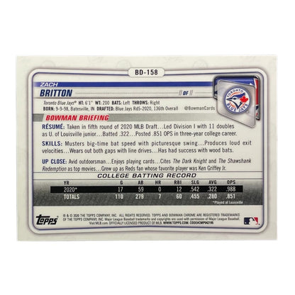 TOPPS MLBカード BOWMAN CHROME 1ST ZACH BRITTON TORONTO BLUE JAYS /250 #BD-158 中古 IT2