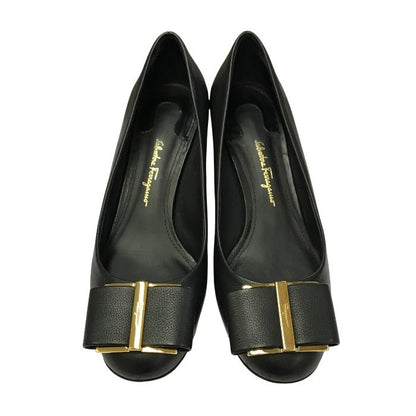 Salvatore Ferragamo フェラガモ CAPUA55 パンプス レディース レザー 変形 太ヒール ブラック 5Dサイズ 中古 T1