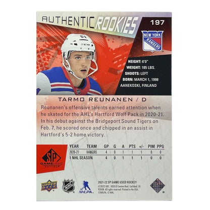 UPPER DECK NHLカード SP GAME USED TARMO REUNANEN NEW YORK RANGERS /205 #197 中古 IT2