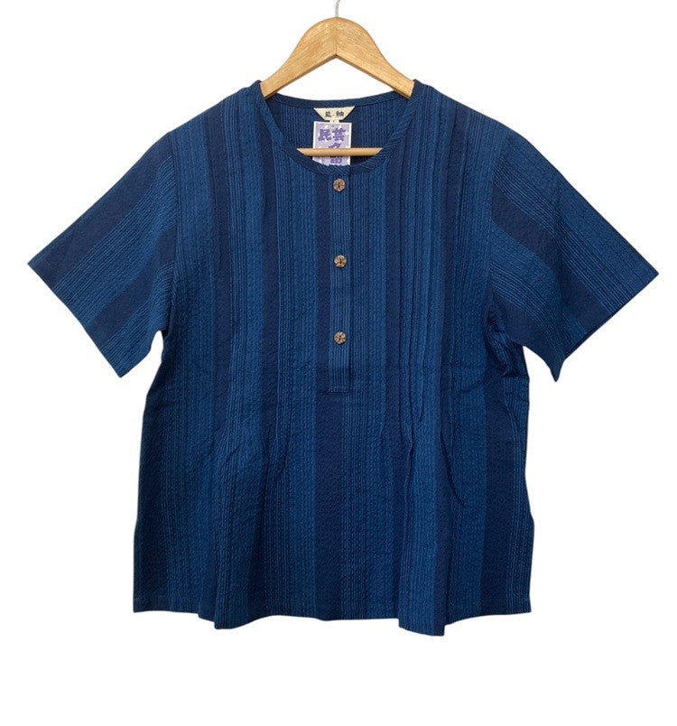 久留米織 しじら 藍紬 半袖ブラウス 1076-2 サイズL レディース 中古 D4