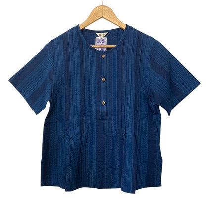 久留米織 しじら 藍紬 半袖ブラウス 1076-2 サイズL レディース 中古 D4