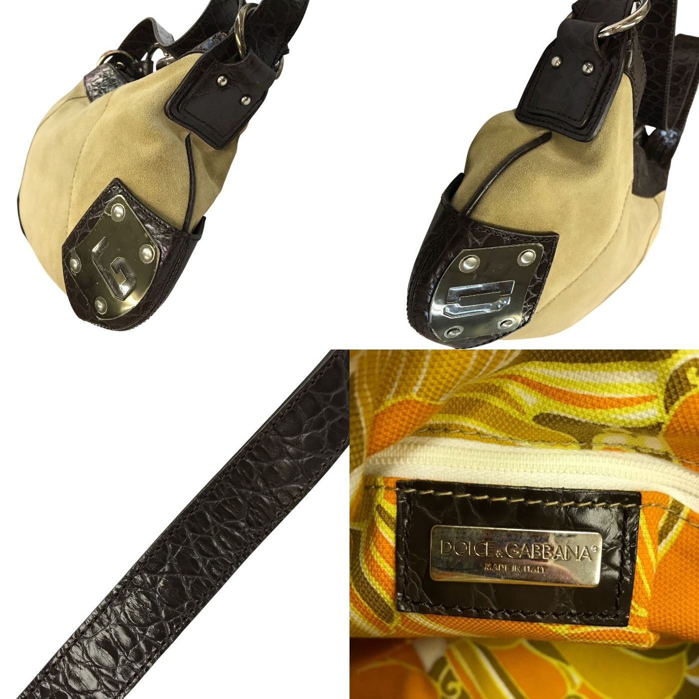 DOLCE&GABBANA ドルチェ&ガッバーナ ショルダーバッグ レディース スウェードレザー 型押し ロゴプレート 内総柄 2way ハンドバッグ ベージュ/ブラウン 中古 T1