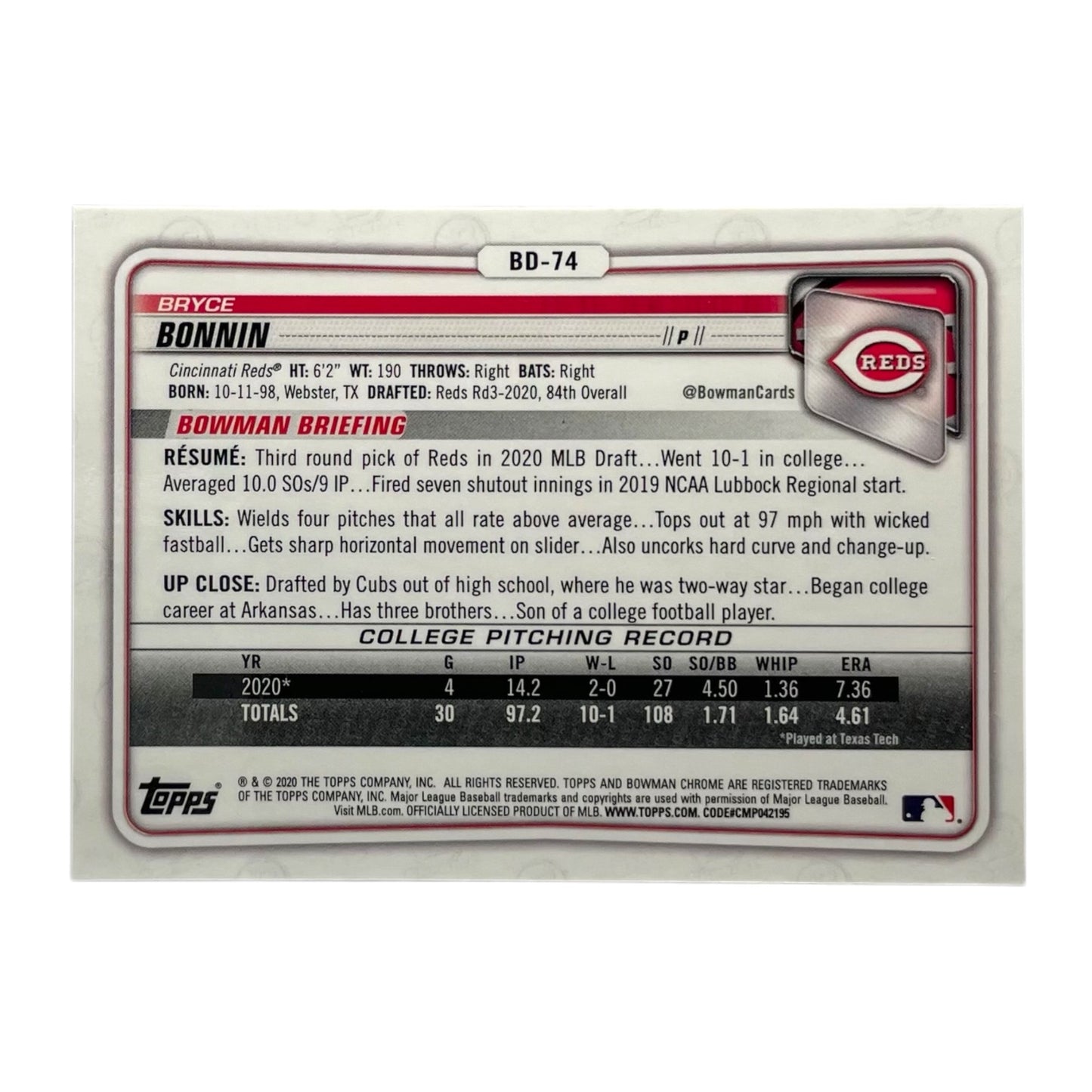 TOPPS MLBカード BOWMAN CHROME 1ST BRYCE BONNIN CINCINNATI REDS /250 #BD-74 中古 IT2
