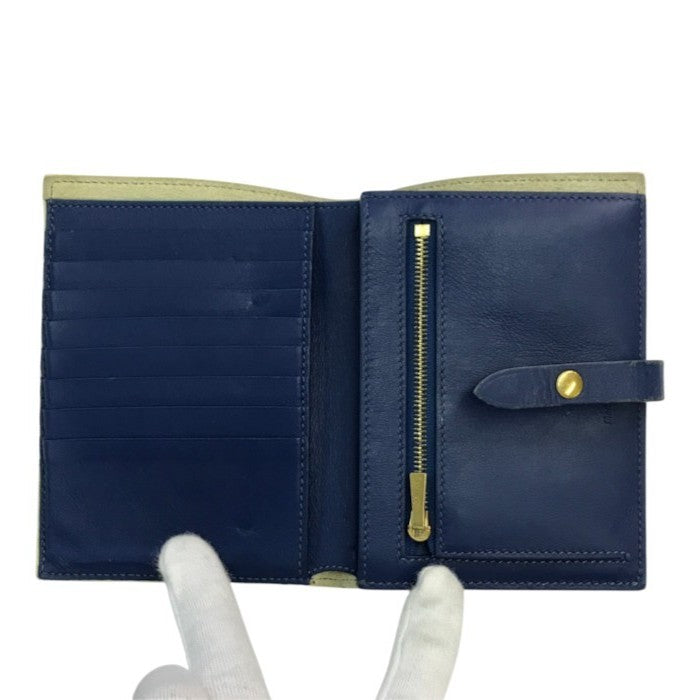 CELINE セリーヌ ミディアム ストラップ マルチファンクション ウォレット レディース 二つ折り財布 レザー バイカラー アイボリー/ブルー 中古 T1