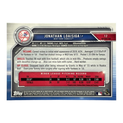 TOPPS MLBカード BOWMAN CHROME JONATHAN LOAISIGA NEW YORK YANKEES /499 #12 中古 IT2