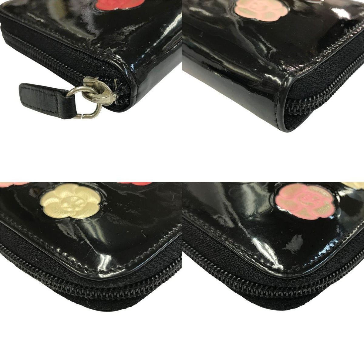 CHANEL シャネル 長財布 2つ折り エナメル カメリア ラウンドジップ ブラック 中古 T1