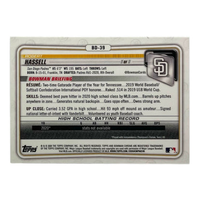 TOPPS MLBカード BOWMAN CHROME 1ST ROBERT HASSELL SAN DIEGO PADRES #BD-39 中古 IT2