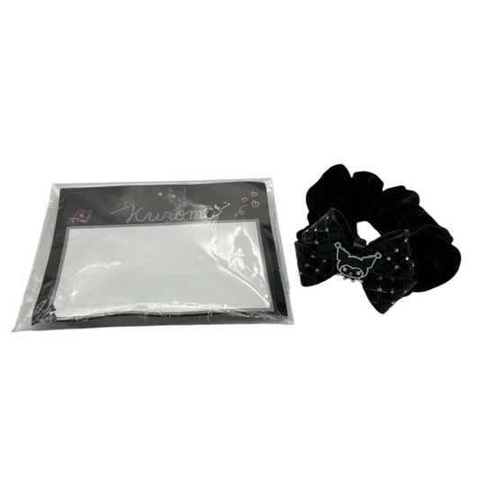 Sanrio サンリオ クロミ ベロア シュシュ BLACK＆CHECK ヘアアクセサリー キャラクター かわいい リボン ヘアゴム 中古 W４