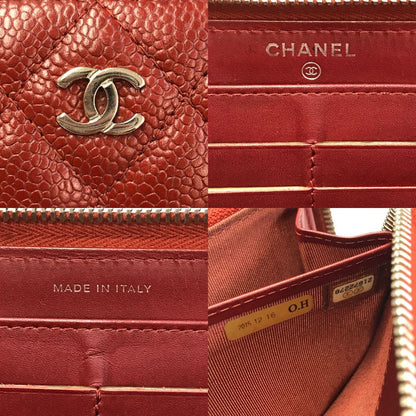 CHANEL シャネル マトラッセ 長財布 レディース ラウンドジップ ファスナー キャビアスキン キルティング レッド/シルバー金具 A50097 中古 T1
