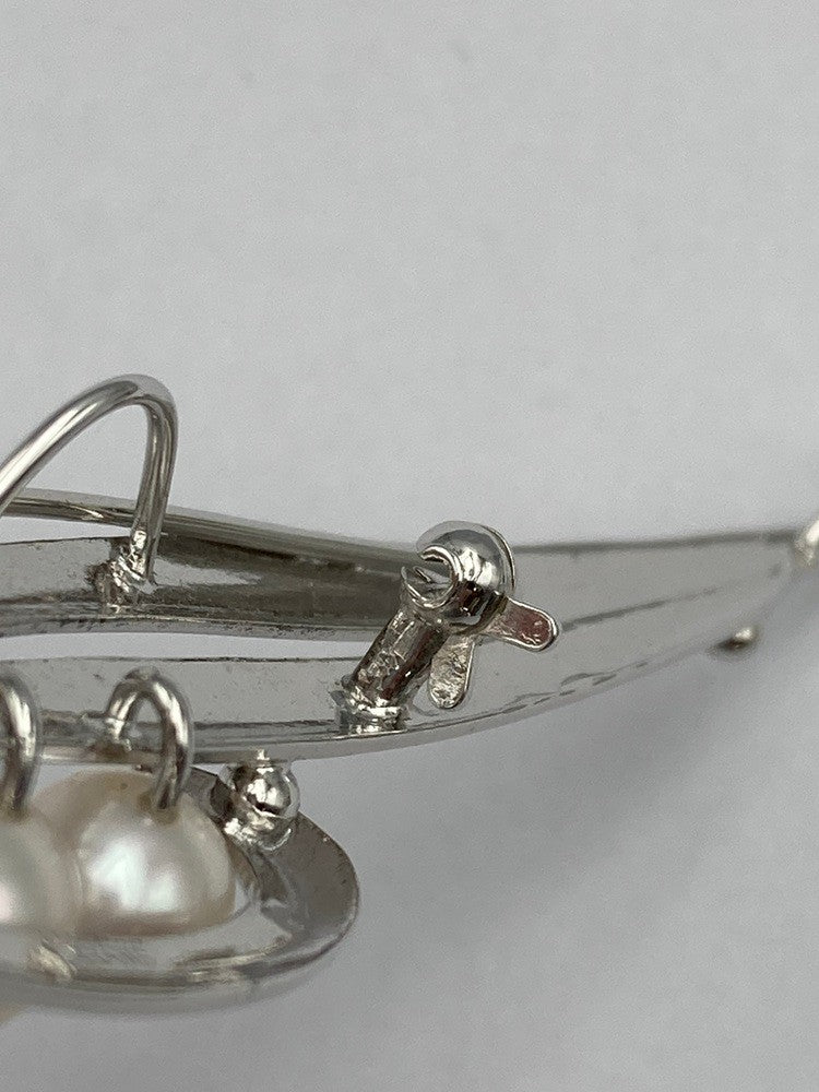 SILVER 6.0mmパール 3連 ブローチ リーフ 中古 D4