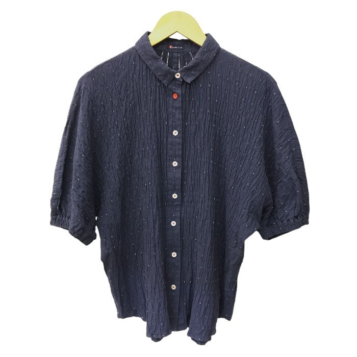 Kasurira カスリラ ブラウス レディース コットン 5分袖 シャツ 袖口ゴム ちりめん風 ネイビー M~Lサイズ 中古 T1