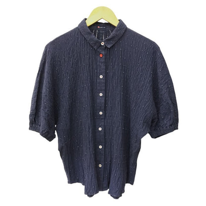 Kasurira カスリラ ブラウス レディース コットン 5分袖 シャツ 袖口ゴム ちりめん風 ネイビー M~Lサイズ 中古 T1