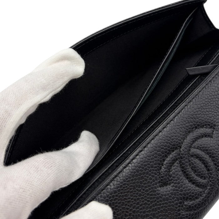 CHANEL シャネル キャビアスキン 長財布 レザー ブラック レディース おしゃれ 小銭入れ カード入れ ブランド 中古 W４