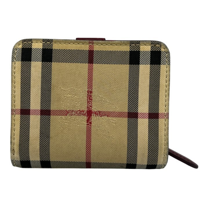 BURBERRY バーバリー ノバチェック 二つ折り 財布 ボルドー コンパクト レザー キャンバス レディース 小銭入れ 中古 W４
