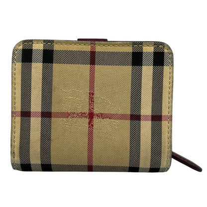 BURBERRY バーバリー ノバチェック 二つ折り 財布 ボルドー コンパクト レザー キャンバス レディース 小銭入れ 中古 W４