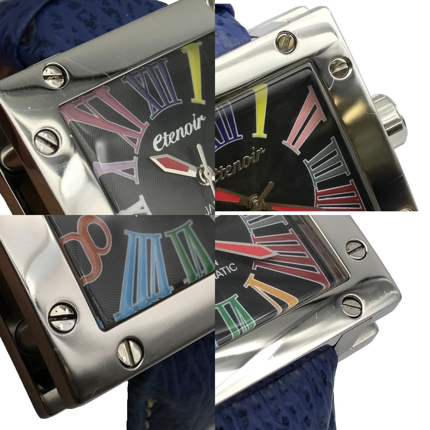 etenoir エテノワール GRAND SQUARE 2 腕時計 メンズ アナログ 自動巻き レザーバンド スクエア ビッグフェイス シルバー/ブルー ETGS02 中古 T1