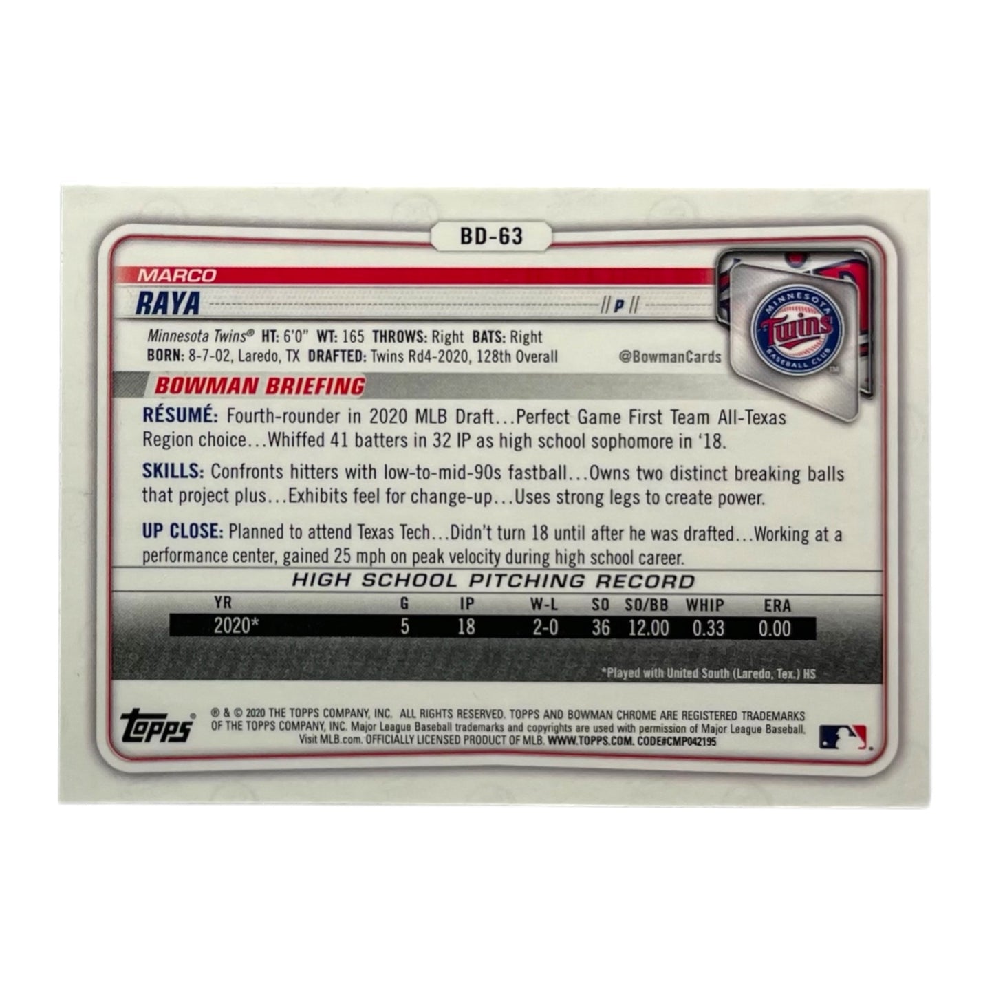 TOPPS MLBカード BOWMAN CHROME 1ST MARCO RAYA MINNESOTA TWINS #BD-63 中古 IT2