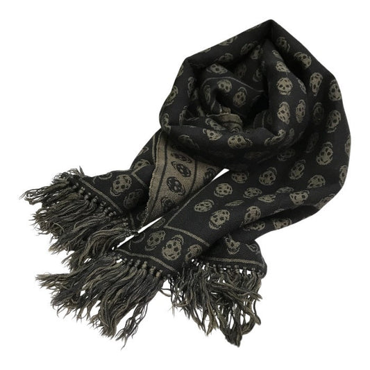 ALEXANDER MCQUEEN アレキサンダーマックイーン マフラー メンズ ウール スカル柄 ストール フリンジ ブラック/グレー 中古 T1