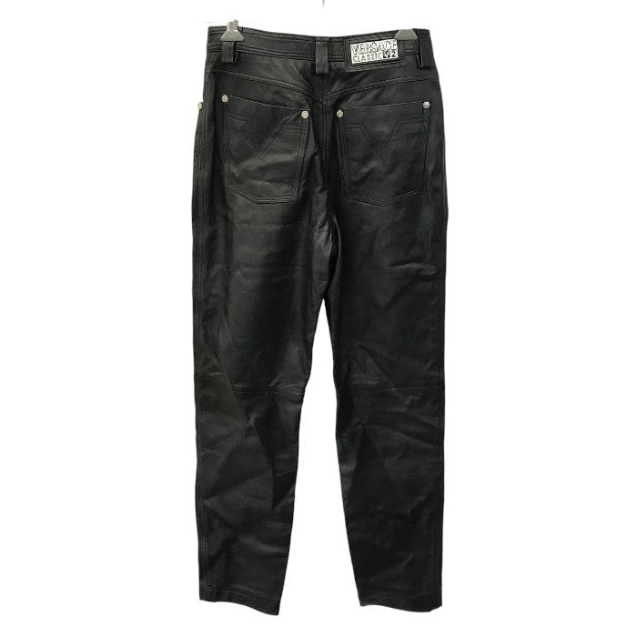 VERSACE ヴェルサーチ CLASSIC V2 レザーパンツ レディース 細身 ストレート ジップフライ ブラック 40サイズ 中古 T1