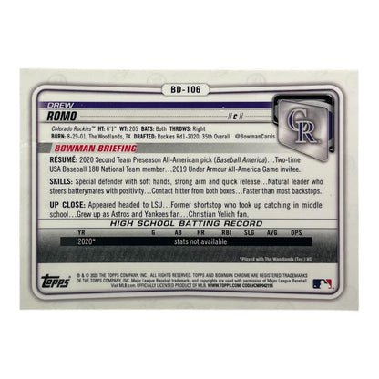 TOPPS MLBカード BOWMAN CHROME 1ST DREW ROMO COLORADO ROCKIES #BD-106 中古 IT2